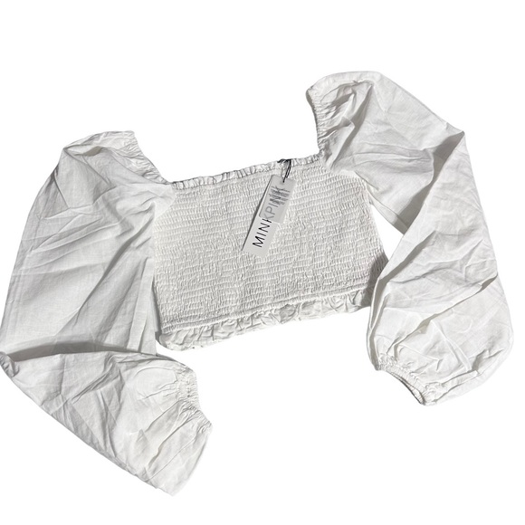 MinkPink Top White Cropped Puff Sleeve Linen Blend - Picture 3 of 5